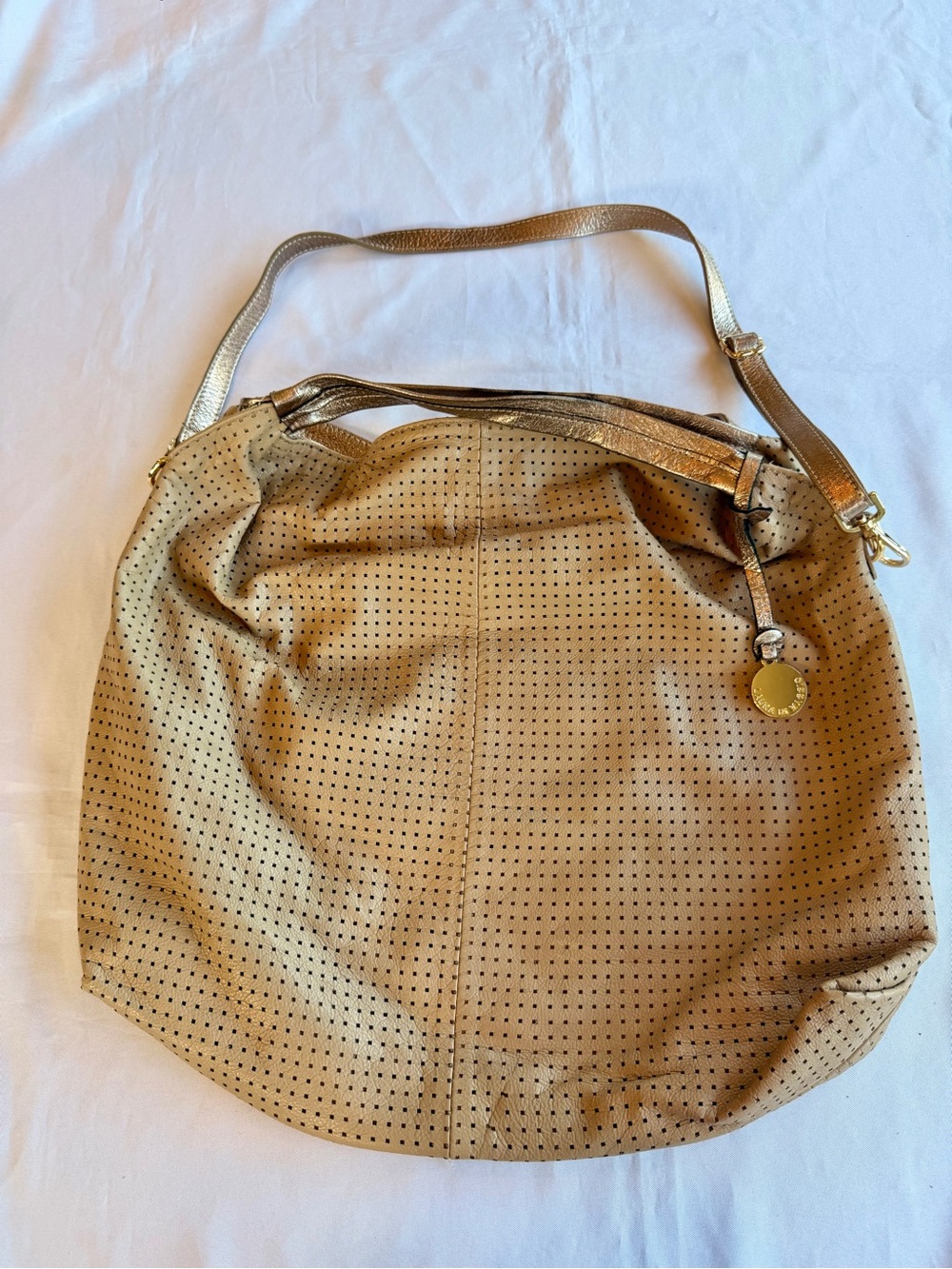 Laura DiMaggio Perforated Leather Huge Hobo Shoulder Bag with Metallic Gold Trim